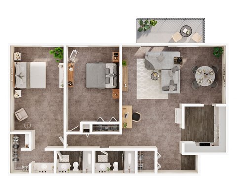 A top-down view of a living room, kitchen, and dining area.